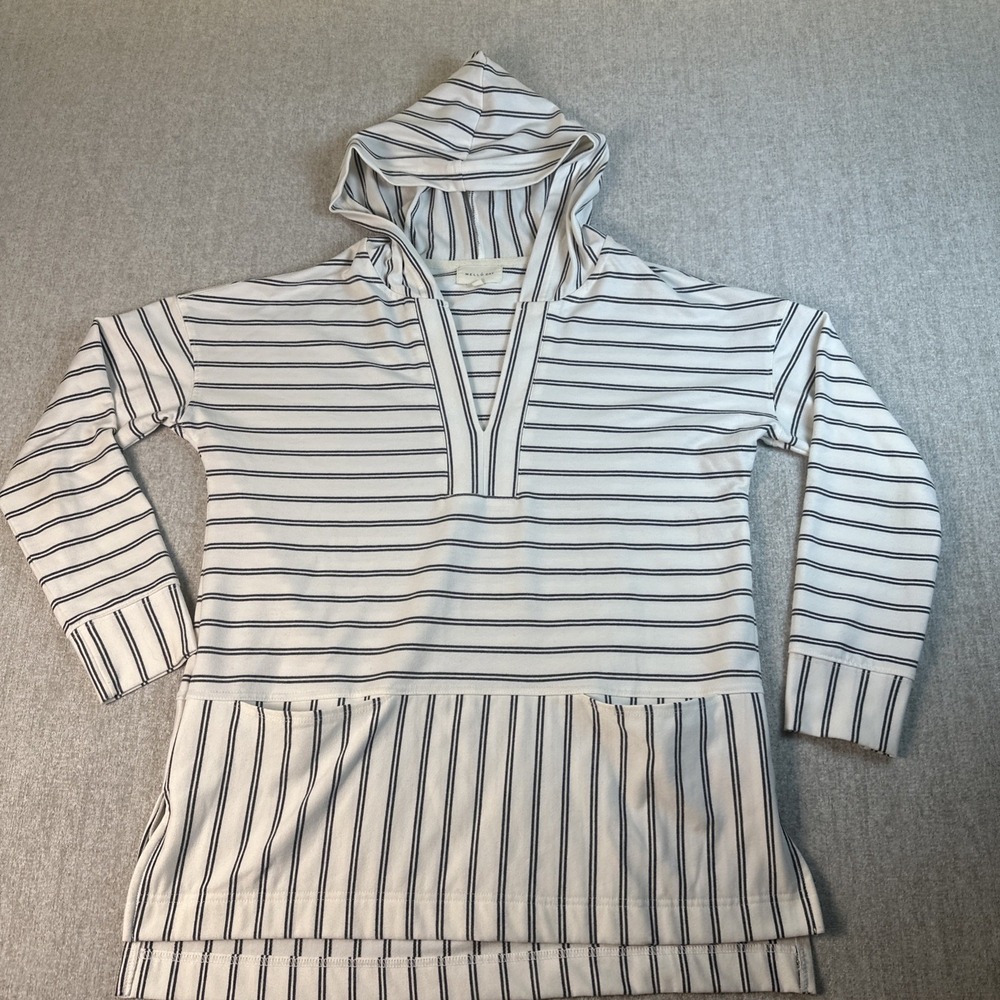 MELLODAY Striped Hooded Tunic Top Women Small White Black V-Neck Pockets